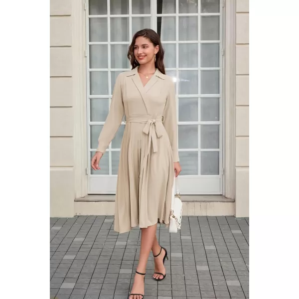 imageGRACE KARIN Womens Long Sleeve Fall Collared Work Dresses V Neck Business Midi Casual Aline DressesApricot