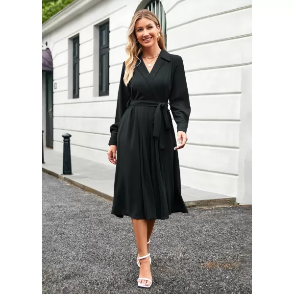 imageGRACE KARIN Womens Long Sleeve Fall Collared Work Dresses V Neck Business Midi Casual Aline DressesBlack