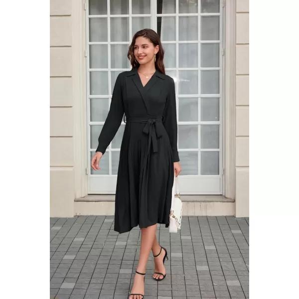 imageGRACE KARIN Womens Long Sleeve Fall Collared Work Dresses V Neck Business Midi Casual Aline DressesBlack