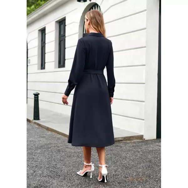 imageGRACE KARIN Womens Long Sleeve Fall Collared Work Dresses V Neck Business Midi Casual Aline DressesDark Blue