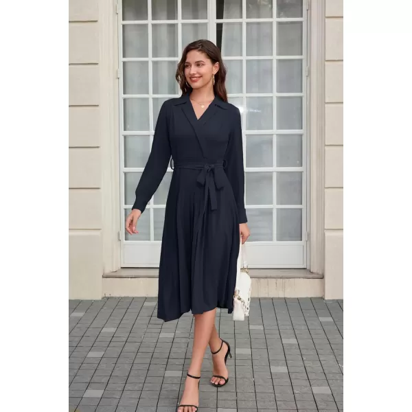 imageGRACE KARIN Womens Long Sleeve Fall Collared Work Dresses V Neck Business Midi Casual Aline DressesDark Blue