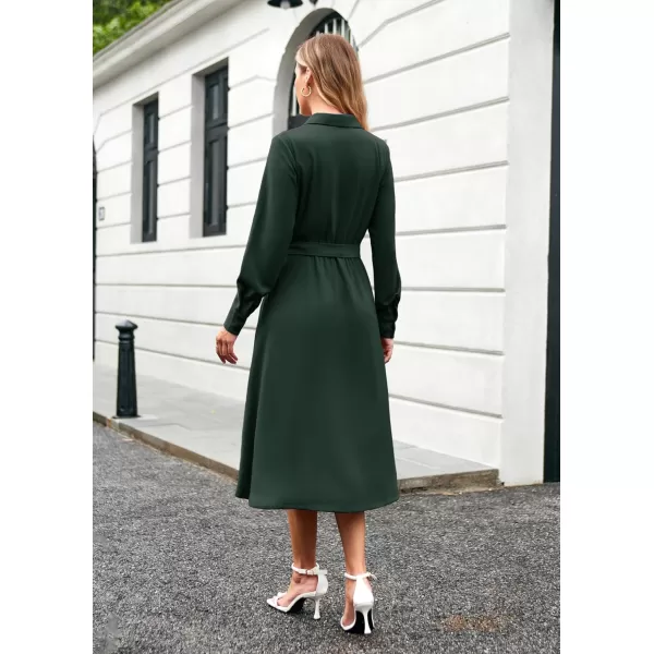 imageGRACE KARIN Womens Long Sleeve Fall Collared Work Dresses V Neck Business Midi Casual Aline DressesDark Green