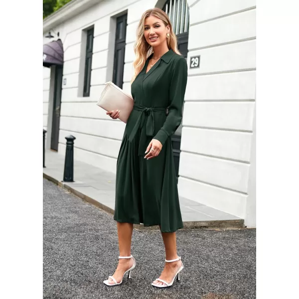 imageGRACE KARIN Womens Long Sleeve Fall Collared Work Dresses V Neck Business Midi Casual Aline DressesDark Green