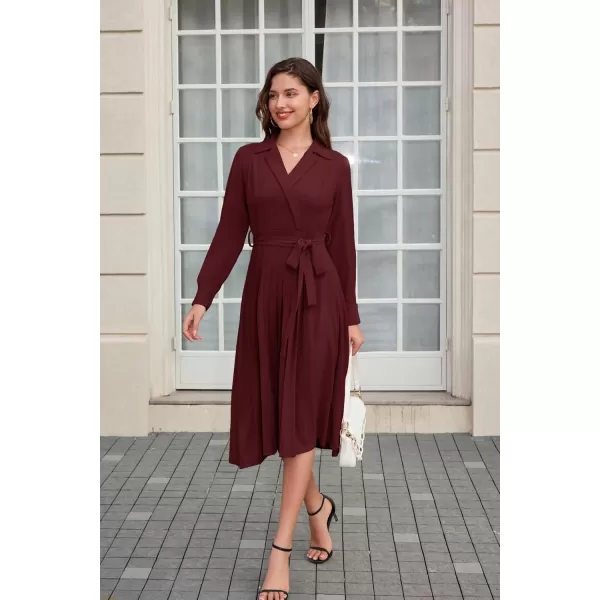 imageGRACE KARIN Womens Long Sleeve Fall Collared Work Dresses V Neck Business Midi Casual Aline DressesDark Red