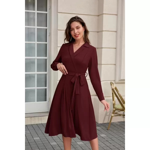 imageGRACE KARIN Womens Long Sleeve Fall Collared Work Dresses V Neck Business Midi Casual Aline DressesDark Red