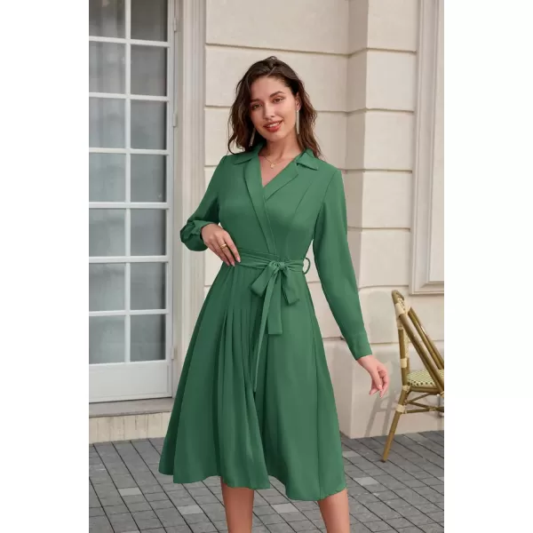 imageGRACE KARIN Womens Long Sleeve Fall Collared Work Dresses V Neck Business Midi Casual Aline DressesGreen