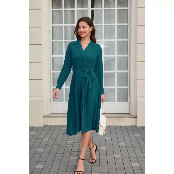 imageGRACE KARIN Womens Long Sleeve Fall Collared Work Dresses V Neck Business Midi Casual Aline DressesPeacock Blue