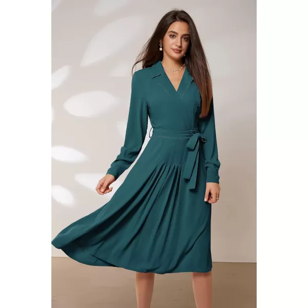 imageGRACE KARIN Womens Long Sleeve Fall Collared Work Dresses V Neck Business Midi Casual Aline DressesPeacock Blue