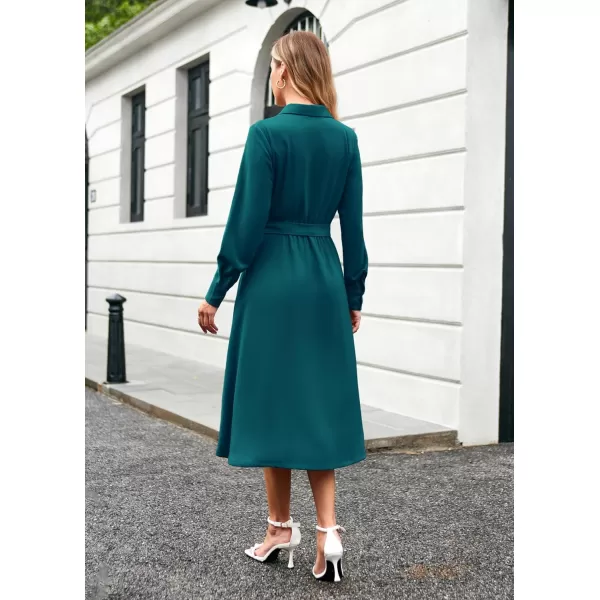 imageGRACE KARIN Womens Long Sleeve Fall Collared Work Dresses V Neck Business Midi Casual Aline DressesPeacock Blue