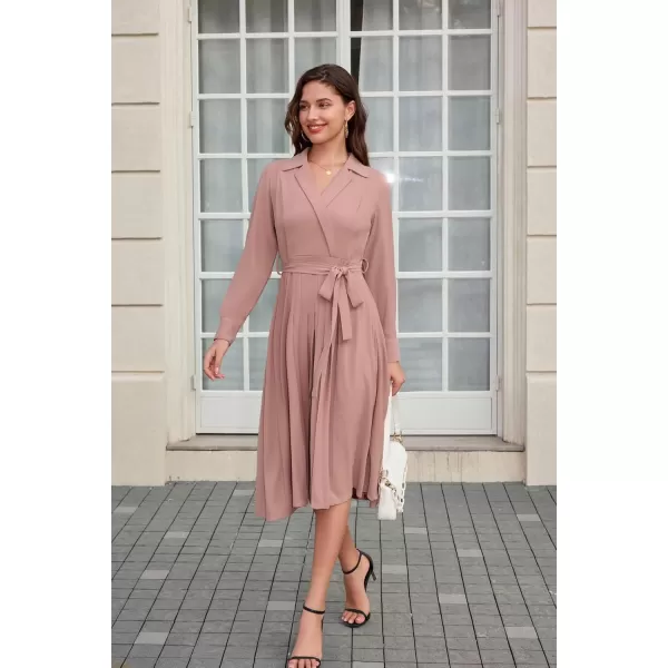 imageGRACE KARIN Womens Long Sleeve Fall Collared Work Dresses V Neck Business Midi Casual Aline DressesPink