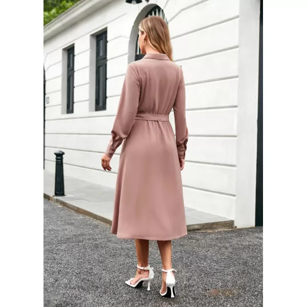 imageGRACE KARIN Womens Long Sleeve Fall Collared Work Dresses V Neck Business Midi Casual Aline DressesPink