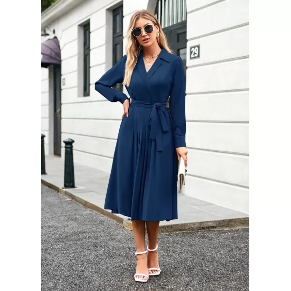 imageGRACE KARIN Womens Long Sleeve Fall Collared Work Dresses V Neck Business Midi Casual Aline DressesRoyal Blue