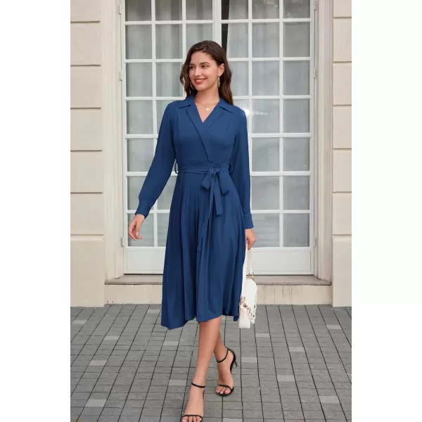 imageGRACE KARIN Womens Long Sleeve Fall Collared Work Dresses V Neck Business Midi Casual Aline DressesRoyal Blue