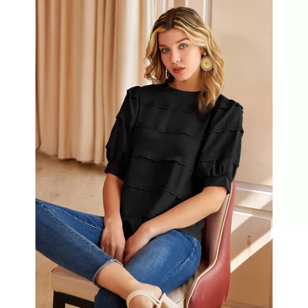 imageGRACE KARIN Womens Work Business Blouse Casual Puff Short Sleeve Shirts Lace Tops Loose FitBlack