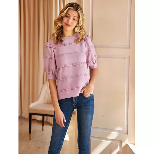 imageGRACE KARIN Womens Work Business Blouse Casual Puff Short Sleeve Shirts Lace Tops Loose FitPinkpurple