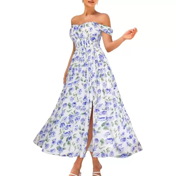 imageGRACE KARIN 2024 Womens Summer Floral Print Flowy A Line Maxi Dresses Sleeveless Smocked Off Shoulder DressBlue Hydrangea