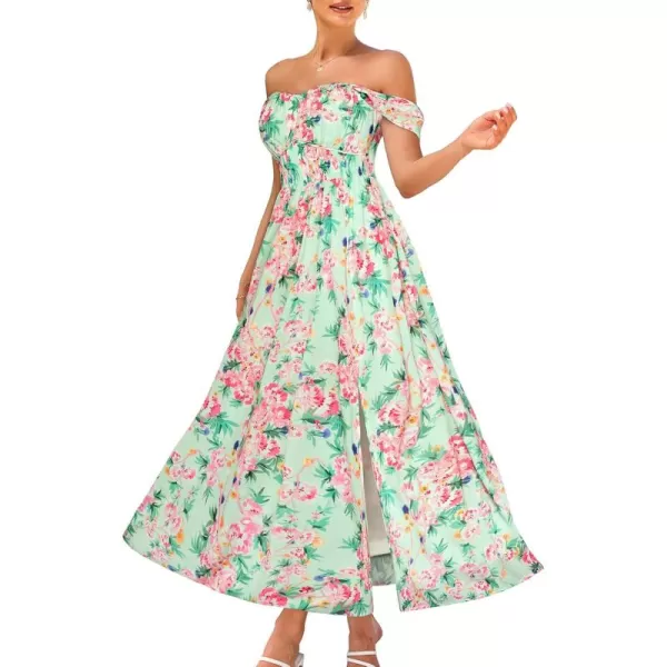 imageGRACE KARIN 2024 Womens Summer Floral Print Flowy A Line Maxi Dresses Sleeveless Smocked Off Shoulder DressGreen Pink