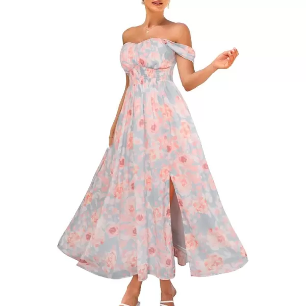 imageGRACE KARIN 2024 Womens Summer Floral Print Flowy A Line Maxi Dresses Sleeveless Smocked Off Shoulder DressLight Blue Pink