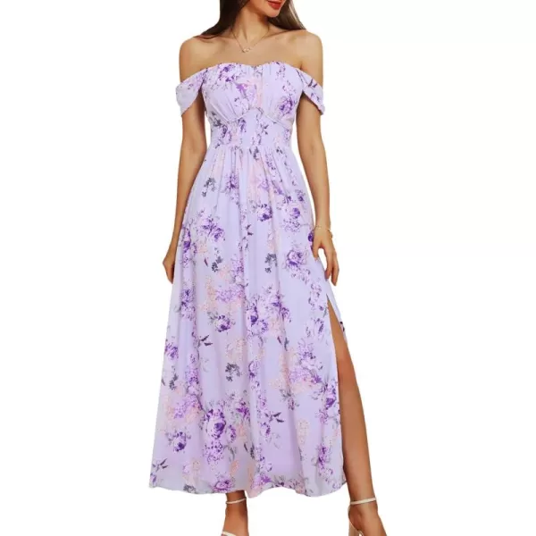 imageGRACE KARIN 2024 Womens Summer Floral Print Flowy A Line Maxi Dresses Sleeveless Smocked Off Shoulder DressPurple Floral