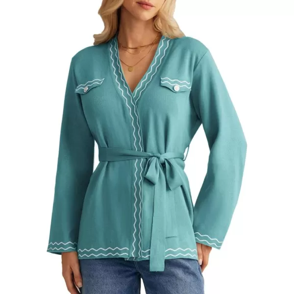 imageGRACE KARIN Women 2024 Fall Cardigan Long Sleeve Contrast Sweater Coat VNeck Open Front Dressy Outwear with BeltGreen Blue