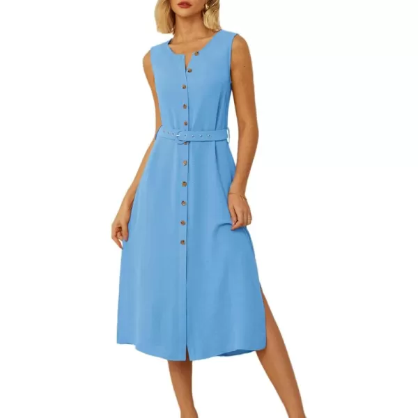 imageGRACE KARIN Women Casual Summer Dress 2024 Business Work Belted Sleeveless Button Down Shirt Dresses with PocketsLight Blue