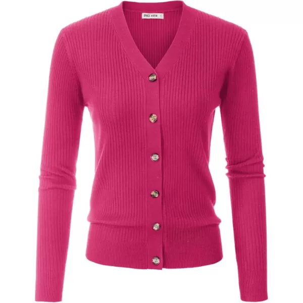 imageGRACE KARIN Womens Button Up V Neck Long Sleeve Soft Basic Knit Cardigan SweaterHot Pink