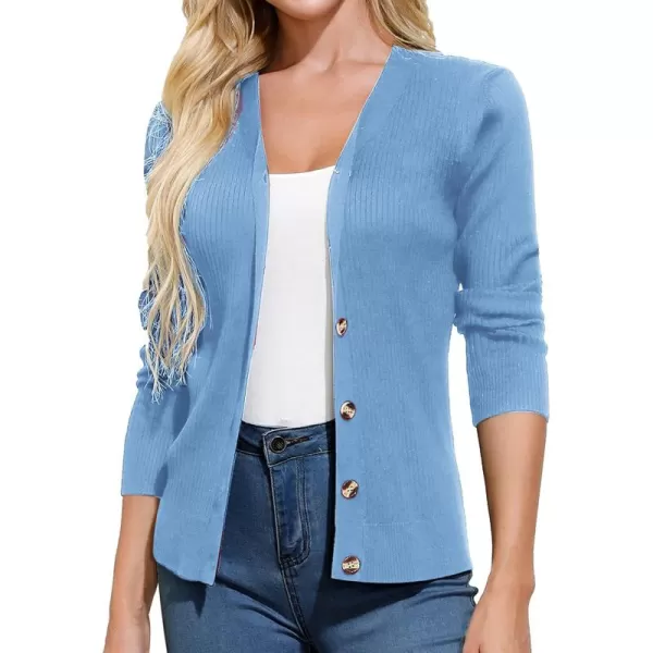 imageGRACE KARIN Womens Button Up V Neck Long Sleeve Soft Basic Knit Cardigan SweaterLight Blue