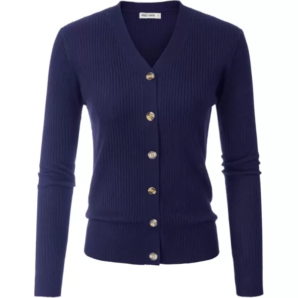 imageGRACE KARIN Womens Button Up V Neck Long Sleeve Soft Basic Knit Cardigan SweaterNavy