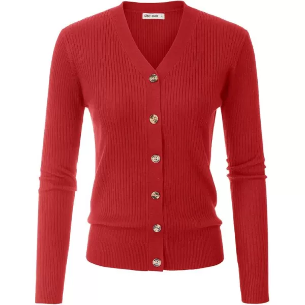 imageGRACE KARIN Womens Button Up V Neck Long Sleeve Soft Basic Knit Cardigan SweaterRed