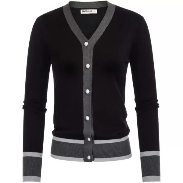 imageGRACE KARIN Womens Contrast Color Block Cardigan Sweaters Lightweight Long Sleeve Cropped Cardigan VNeck Striped ShrugsContrastblack