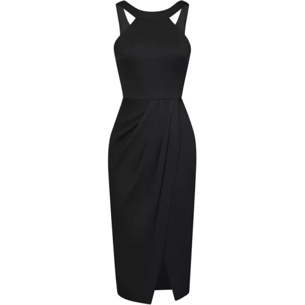 imageGRACE KARIN Womens Halterneck Sleeveless Ruched Bodycon Slit Wrap Party Cocktail Midi DressAblack