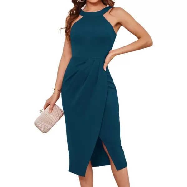 imageGRACE KARIN Womens Halterneck Sleeveless Ruched Bodycon Slit Wrap Party Cocktail Midi DressAdark Blue