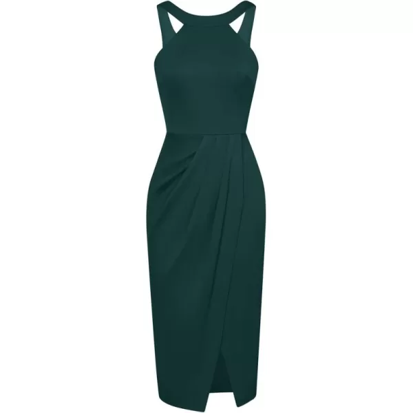 imageGRACE KARIN Womens Halterneck Sleeveless Ruched Bodycon Slit Wrap Party Cocktail Midi DressAdark Teal