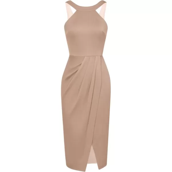 imageGRACE KARIN Womens Halterneck Sleeveless Ruched Bodycon Slit Wrap Party Cocktail Midi DressAkhaki