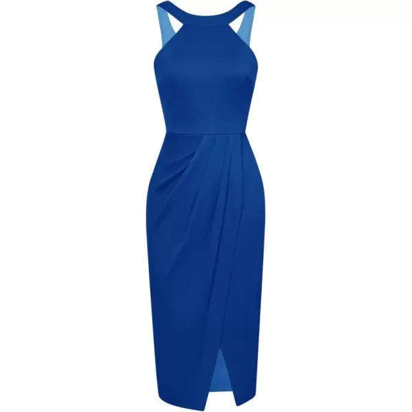 imageGRACE KARIN Womens Halterneck Sleeveless Ruched Bodycon Slit Wrap Party Cocktail Midi DressAroyal Blue