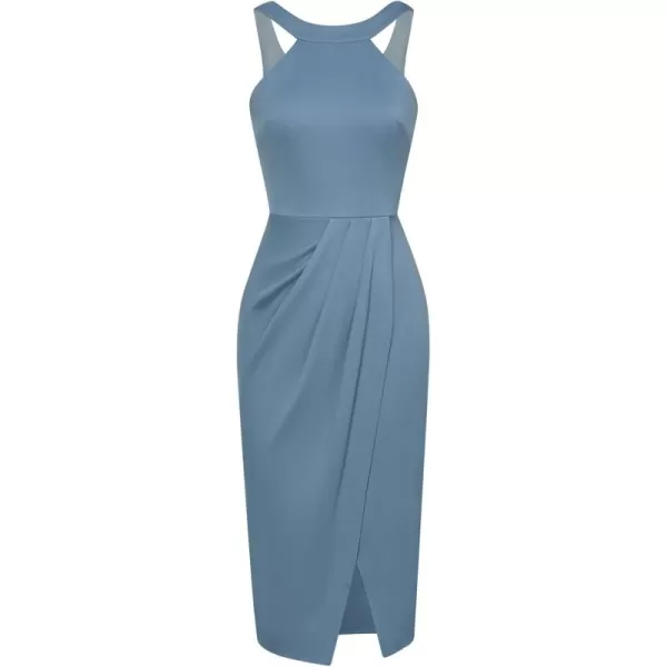 imageGRACE KARIN Womens Halterneck Sleeveless Ruched Bodycon Slit Wrap Party Cocktail Midi DressAstorm Blue