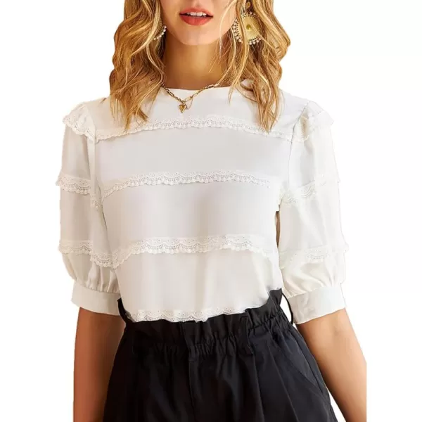 imageGRACE KARIN Womens Work Business Blouse Casual Puff Short Sleeve Shirts Lace Tops Loose FitWhite