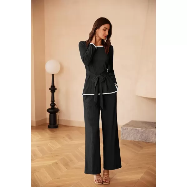 imageGRACE KARIN 2 Piece Sets for Women Ribbed Tie Front Top ampamp Wide Leg Pants Lounge Matching Sets Tracksuits Fall OutfitsBlack