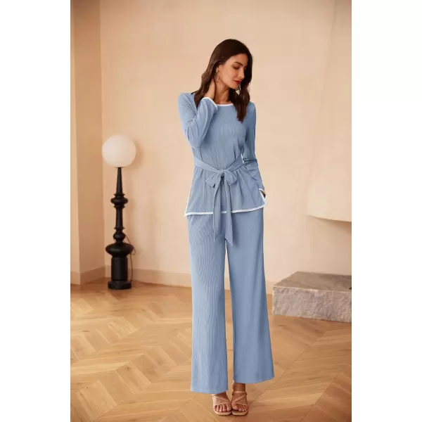 imageGRACE KARIN 2 Piece Sets for Women Ribbed Tie Front Top ampamp Wide Leg Pants Lounge Matching Sets Tracksuits Fall OutfitsGrey Blue