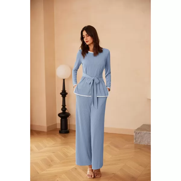 imageGRACE KARIN 2 Piece Sets for Women Ribbed Tie Front Top ampamp Wide Leg Pants Lounge Matching Sets Tracksuits Fall OutfitsGrey Blue