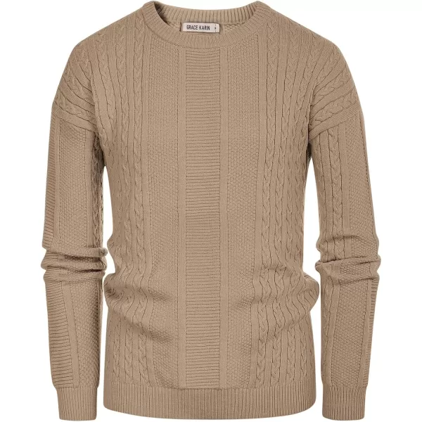 imageGRACE KARIN Mens Crewneck Pullover Sweaters Classic Casual Knitted Cable Sweaters with Ribbing EdgeKhaki