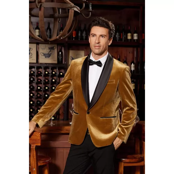 imageGRACE KARIN Mens Velvet Blazer One Button Shawl Lapel Slim Fit Suit Jacket Sport Coat Dinner Party Prom Wedding TuxedoGold