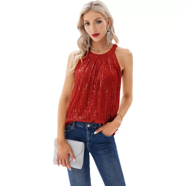 imageGRACE KARIN Sequin Halter Tops for Women Sleeveless Sparkly Shiny Tank Tops Ruched Flowy Sparkly Club Outfits Party ShirtBright Red