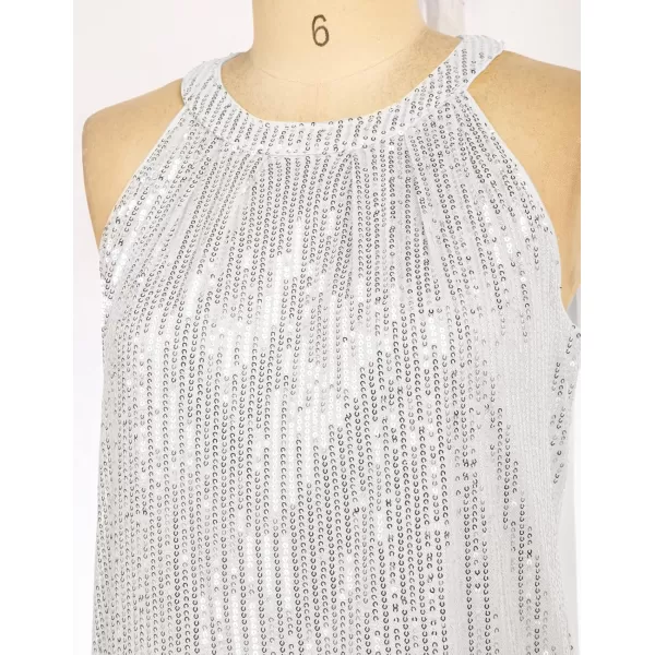 imageGRACE KARIN Sequin Halter Tops for Women Sleeveless Sparkly Shiny Tank Tops Ruched Flowy Sparkly Club Outfits Party ShirtSilver White