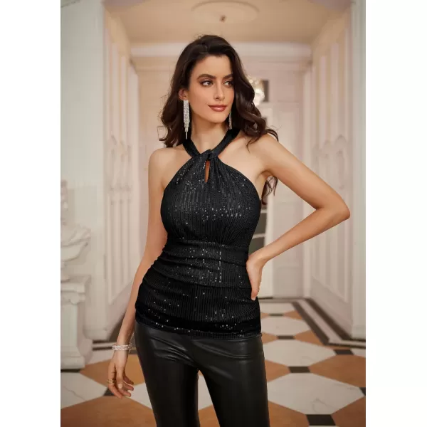 imageGRACE KARIN Sequin Tops for Women Elegant Tops Sparkle Tank Shimmer Party Club Cocktail Slim Fit Ruched TopsBlack