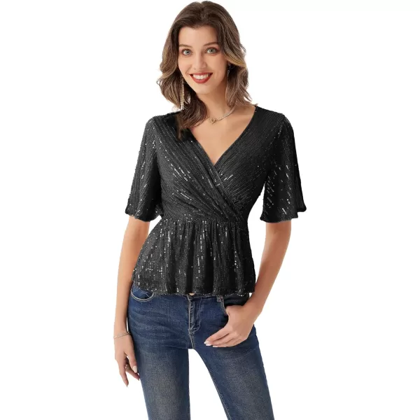 imageGRACE KARIN Sequin Tops for Women Short Sleeve Sparkly Dressy Tops Wrap Blouse Party Club ShirtBlack