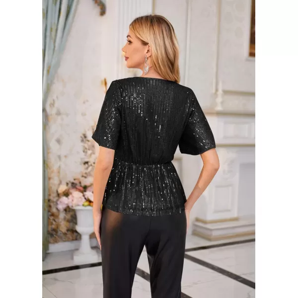 imageGRACE KARIN Sequin Tops for Women Short Sleeve Sparkly Dressy Tops Wrap Blouse Party Club ShirtBlack