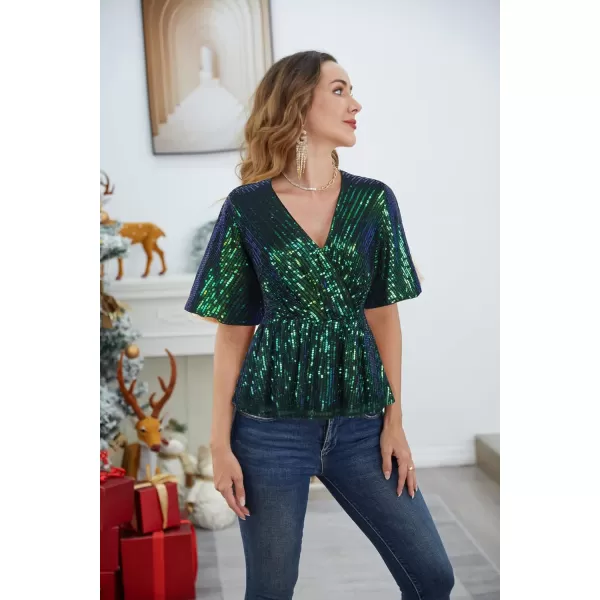 imageGRACE KARIN Sequin Tops for Women Short Sleeve Sparkly Dressy Tops Wrap Blouse Party Club ShirtBlue Green