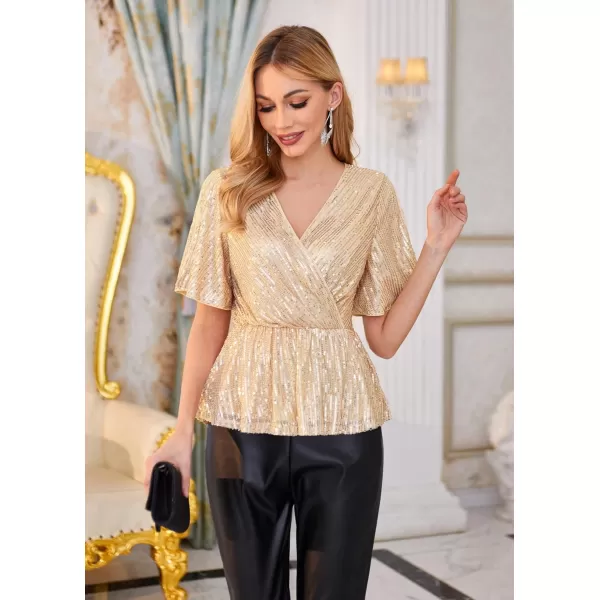 imageGRACE KARIN Sequin Tops for Women Short Sleeve Sparkly Dressy Tops Wrap Blouse Party Club ShirtChampagne