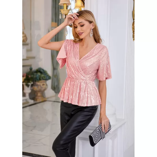 imageGRACE KARIN Sequin Tops for Women Short Sleeve Sparkly Dressy Tops Wrap Blouse Party Club ShirtPink